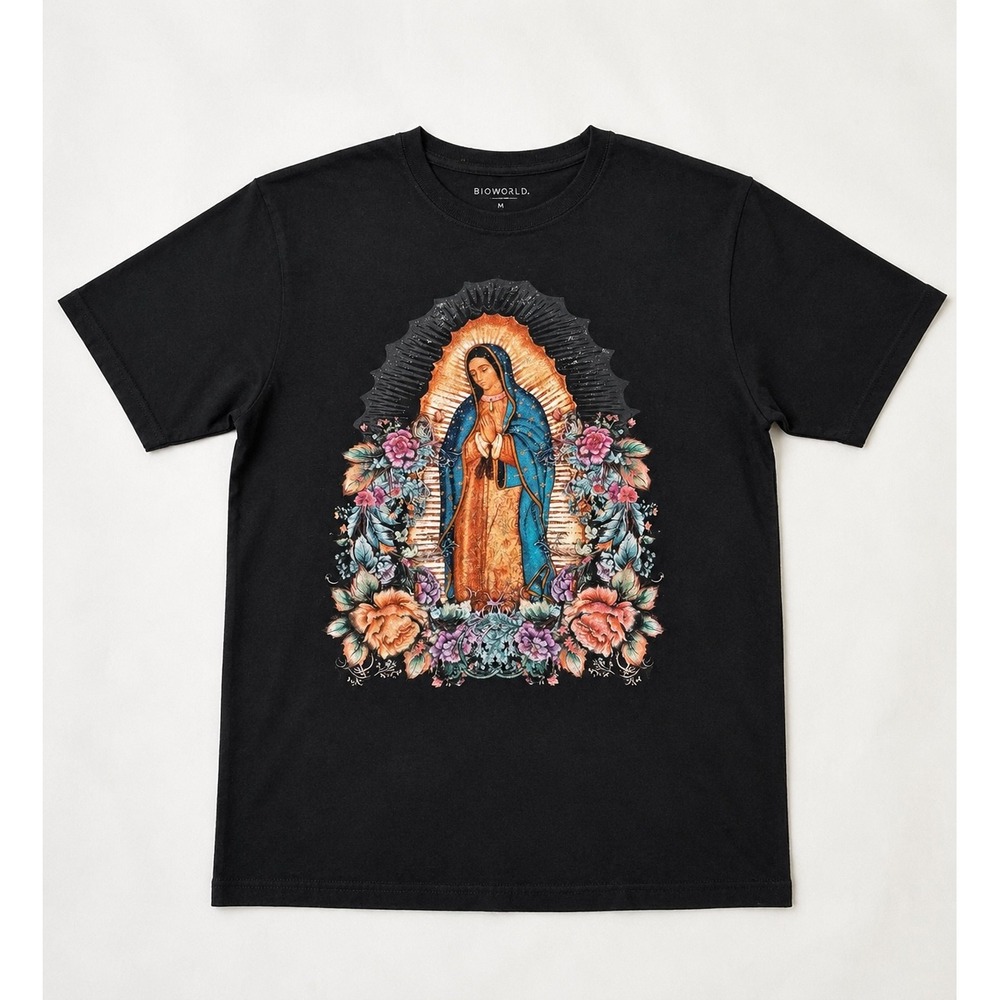 Bioworld Our Lady of Guadalupe Virgin Mary Floral Graphic T-Shirt Black Mens M